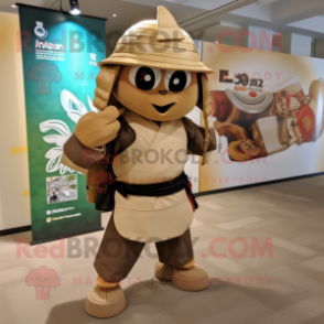 Tan Samurai mascot costume character dressed with a Shorts and Backpacks