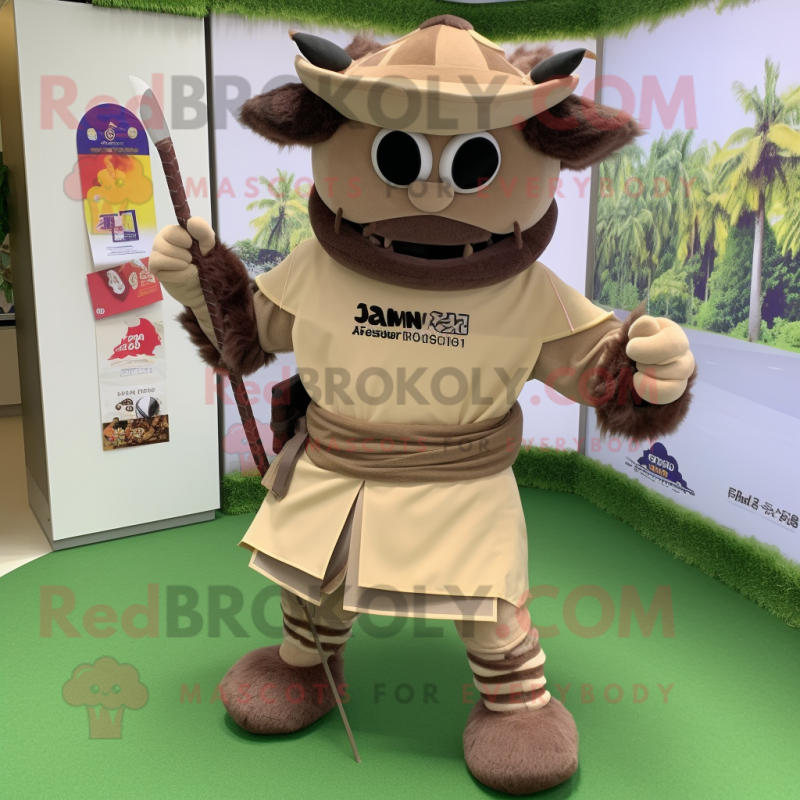 Tan Samurai mascot costume character dressed with a Shorts and Backpacks