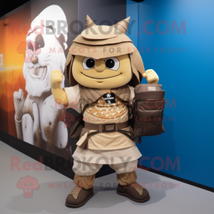 Tan Samurai mascot costume character dressed with a Shorts and Backpacks