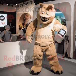 Beige Woolly Rhinoceros mascot costume character dressed with a Capri Pants and Digital watches