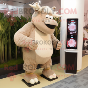 Beige Woolly Rhinoceros mascot costume character dressed with a Capri Pants and Digital watches
