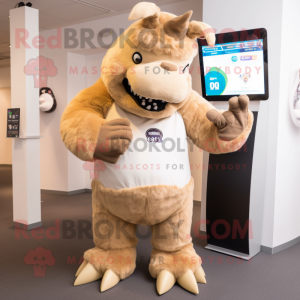 Beige Woolly Rhinoceros mascot costume character dressed with a Capri Pants and Digital watches