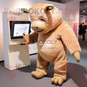 Beige Woolly Rhinoceros mascot costume character dressed with a Capri Pants and Digital watches