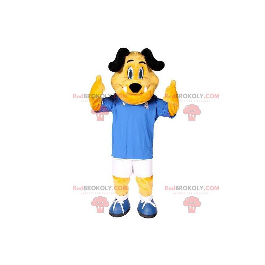 Mascote cachorro amarelo e preto em roupas esportivas -