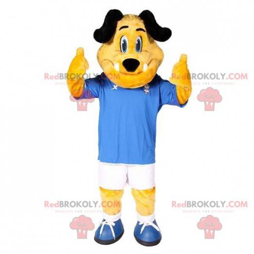 Żółty i czarny pies maskotka w odzieży sportowej -