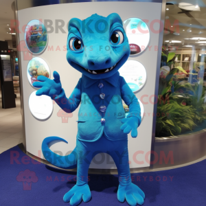 Blue Geckos mascot costume character dressed with a Suit Pants and Coin purses