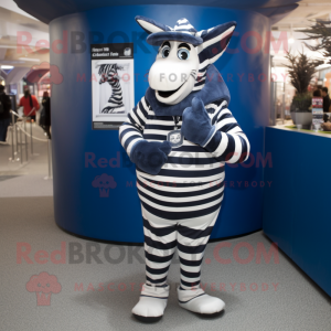 Navy Zebra mascot costume character dressed with a Graphic Tee and Cummerbunds
