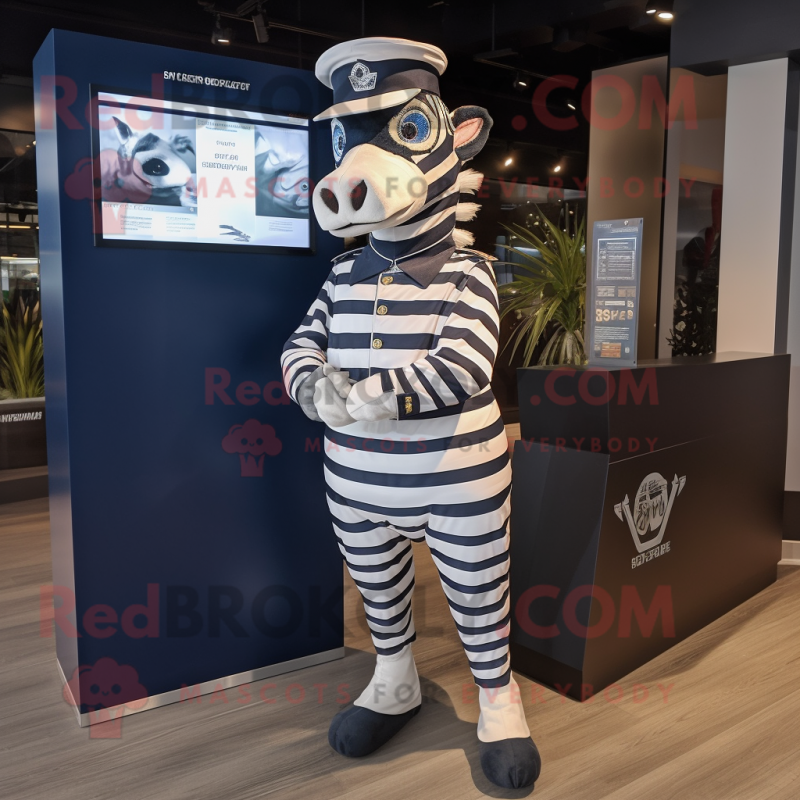 Navy Zebra mascot costume character dressed with a Graphic Tee and Cummerbunds