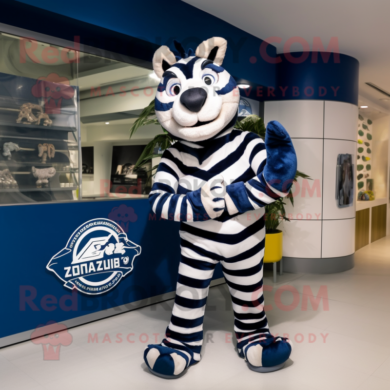 Navy Zebra mascot costume character dressed with a Graphic Tee and Cummerbunds