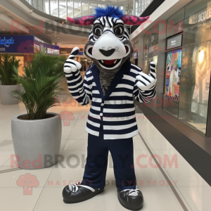 Navy Zebra mascot costume character dressed with a Graphic Tee and Cummerbunds