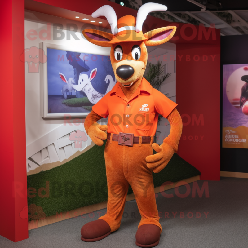 Rust Gazelle mascot costume character dressed with a Polo Tee and Hats Rust Gazelle mascot costume character dressed with a Polo Tee and Hats