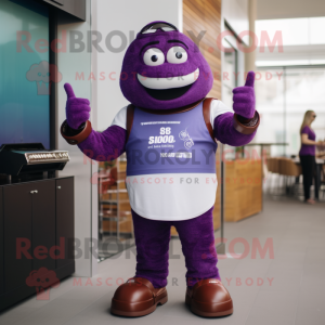 Purple Bbq Ribs mascot costume character dressed with a T-Shirt and Smartwatches