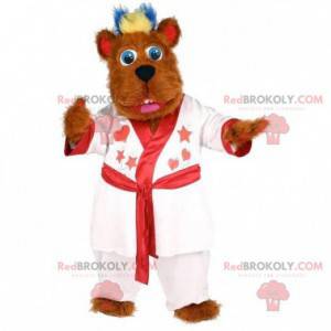 Hairy brown dog mascot with a white bathrobe - Redbrokoly.com