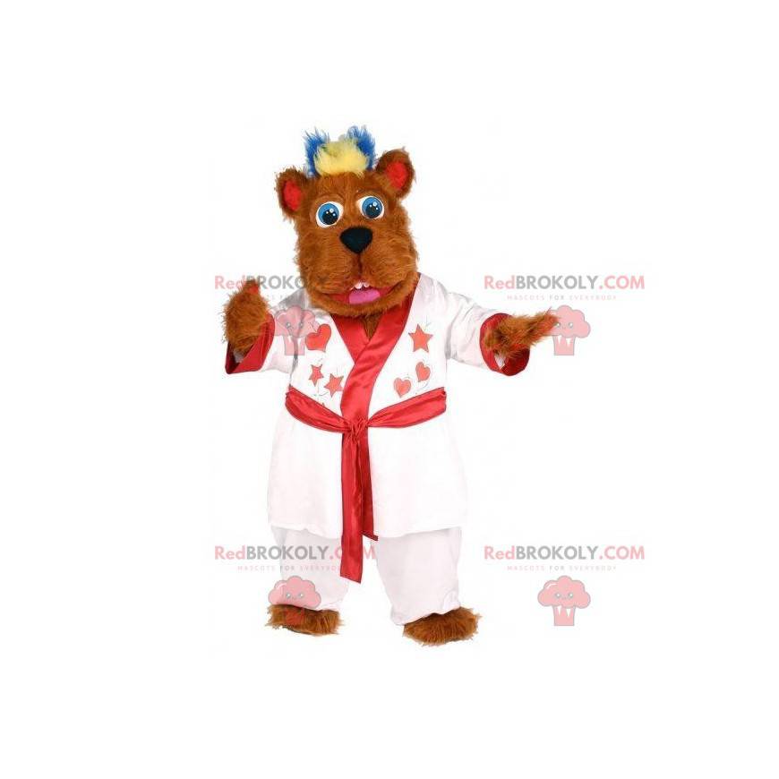 Hairy brown dog mascot with a white bathrobe - Redbrokoly.com