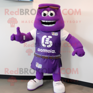Purple Bbq Ribs mascot costume character dressed with a T-Shirt and Smartwatches