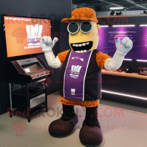 Purple Bbq Ribs mascot costume character dressed with a T-Shirt and Smartwatches