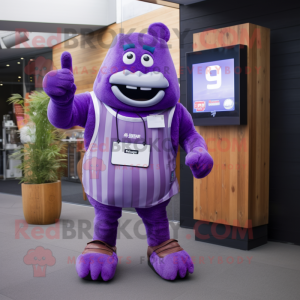 Purple Bbq Ribs mascot costume character dressed with a T-Shirt and Smartwatches