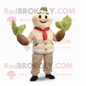 Beige Radish mascot costume character dressed with a Bomber Jacket and Gloves