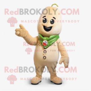 Beige Radish mascot costume character dressed with a Bomber Jacket and Gloves