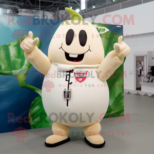 Beige Radish mascot costume character dressed with a Bomber Jacket and Gloves