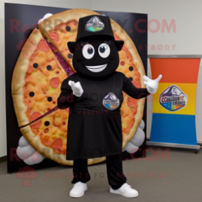 Black Pizza Slice mascot costume character dressed with a Capri Pants and Bracelet watches