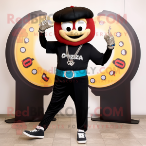 Black Pizza Slice mascot costume character dressed with a Capri Pants and Bracelet watches