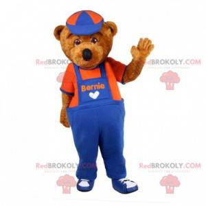 Brown teddy bear mascot dressed in overalls - Redbrokoly.com