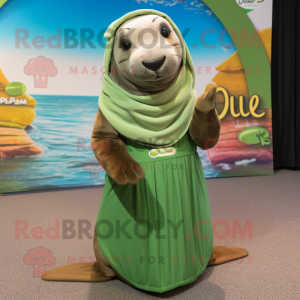 Olive Sea Lion mascot costume character dressed with a Maxi Dress and Caps