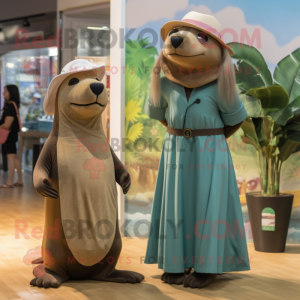 Olive Sea Lion mascot costume character dressed with a Maxi Dress and Caps