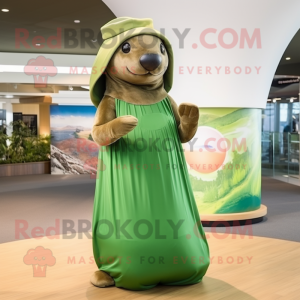 Olive Sea Lion mascot costume character dressed with a Maxi Dress and Caps