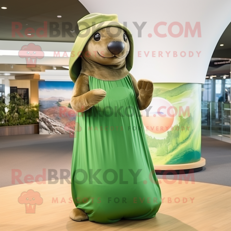 Olive Sea Lion mascot costume character dressed with a Maxi Dress and Caps Olive Sea Lion mascot costume character dressed with a Maxi Dress and Caps
