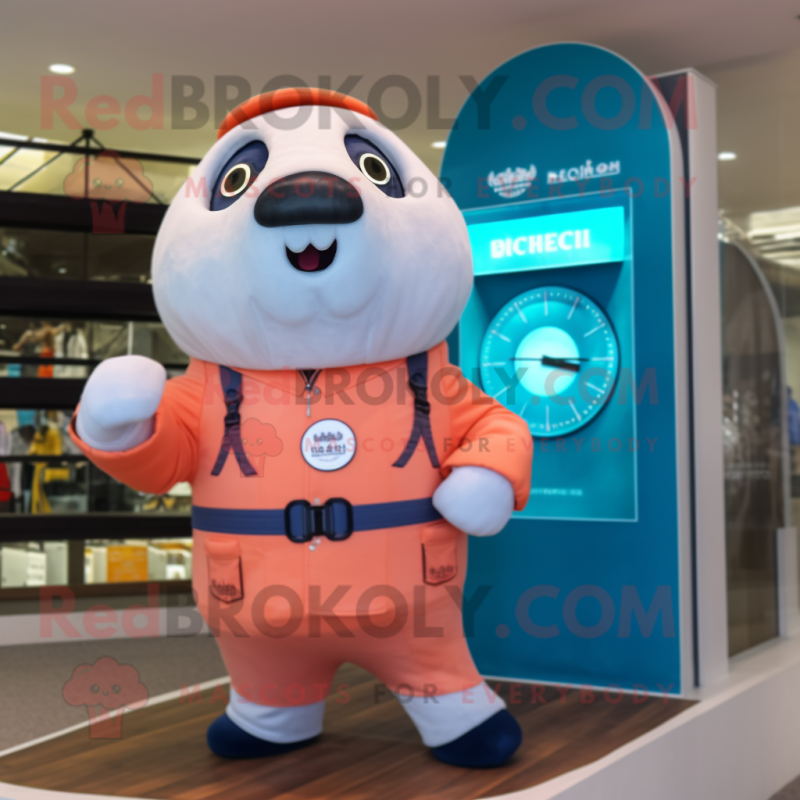 Peach Seal mascot costume character dressed with a Polo Tee and Digital watches