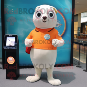 Peach Seal mascot costume character dressed with a Polo Tee and Digital watches