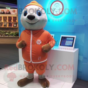Peach Seal mascot costume character dressed with a Polo Tee and Digital watches