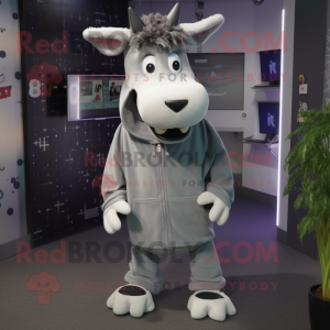 Gray Guernsey Cow mascot costume character dressed with a Hoodie and Tie pins