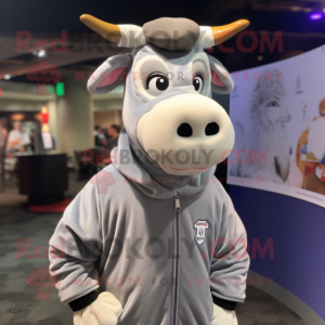 Gray Guernsey Cow mascot costume character dressed with a Hoodie and Tie pins