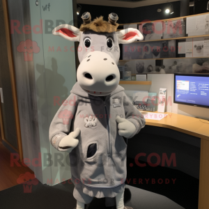 Gray Guernsey Cow mascot costume character dressed with a Hoodie and Tie pins