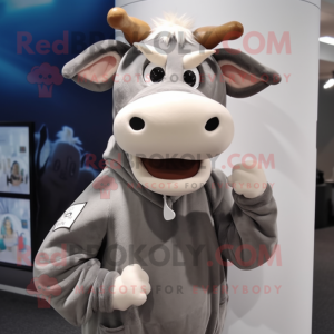 Gray Guernsey Cow mascot costume character dressed with a Hoodie and Tie pins