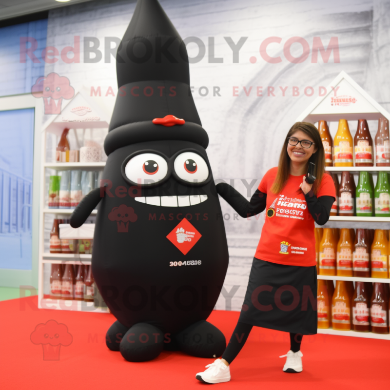 Black Bottle Of Ketchup mascot costume character dressed with a Yoga Pants and Eyeglasses