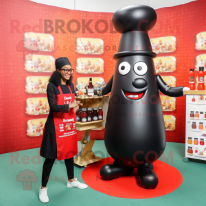 Black Bottle Of Ketchup mascot costume character dressed with a Yoga Pants and Eyeglasses