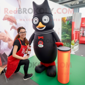 Black Bottle Of Ketchup mascot costume character dressed with a Yoga Pants and Eyeglasses