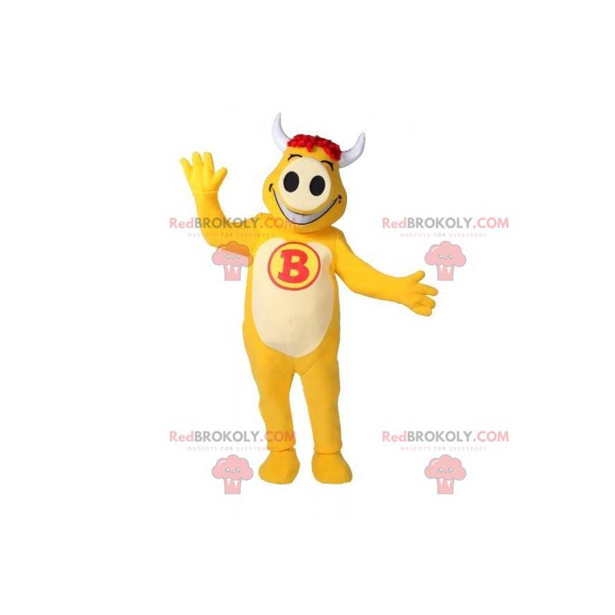 Mascote de vaca amarela e branca muito jovial - Redbrokoly.com