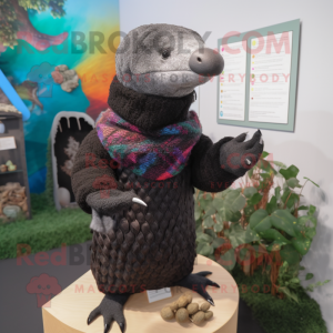Black Pangolin mascot costume character dressed with a Cardigan and Beanies