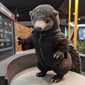 Black Pangolin mascot costume character dressed with a Cardigan and Beanies