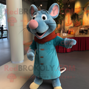 Cyan Ratatouille mascot costume character dressed with a Corduroy Pants and Wraps
