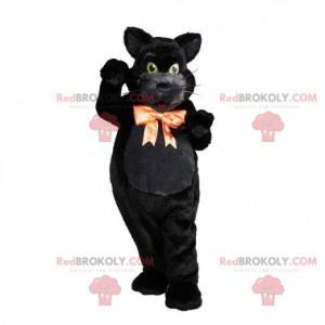 Jedwabiście czarny kot maskotka z ładną kokardką na szyi -