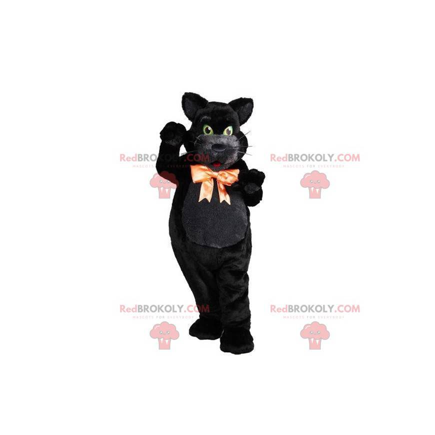 Silky black cat mascot with a pretty bow around the neck -