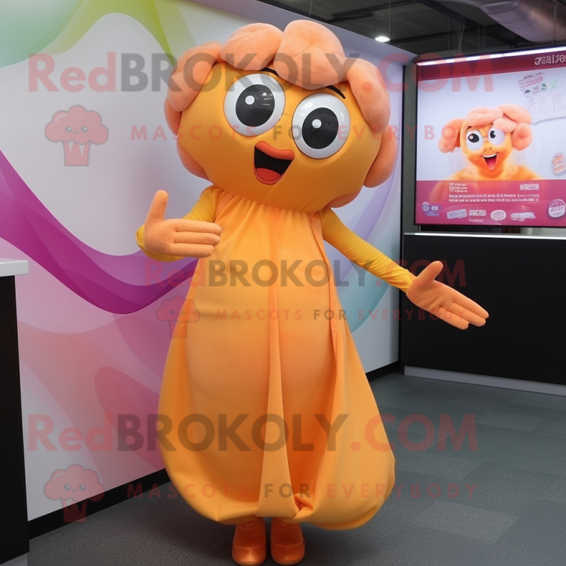 Peach Fried Calamari mascot costume character dressed with a A-Line Dress and Foot pads