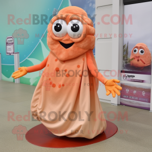 Peach Fried Calamari mascot costume character dressed with a A-Line Dress and Foot pads