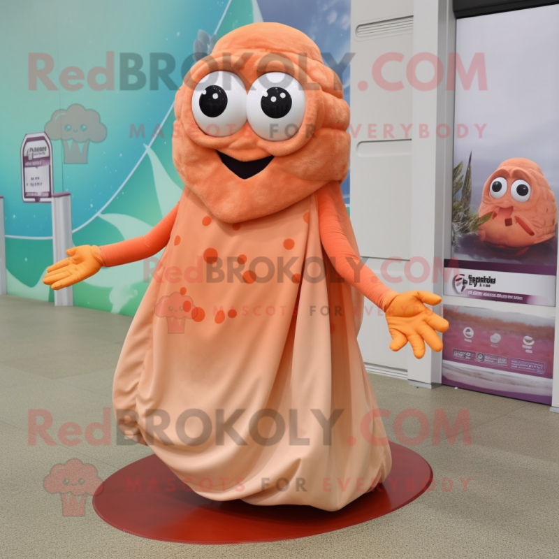 Peach Fried Calamari mascot costume character dressed with a A-Line Dress and Foot pads Peach Fried Calamari mascot costume character dressed with a A-Line Dress and Foot pads